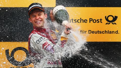 Mattias Ekström of Sweden celebrates winning the second race on Sunday, May 3, of the DTM 2015 German Touring Car Championship in Hockenheim, Germany.