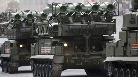 Russian military vehicles on Monday make their way to Red Square during a rehearsal for the Victory Day military parade.