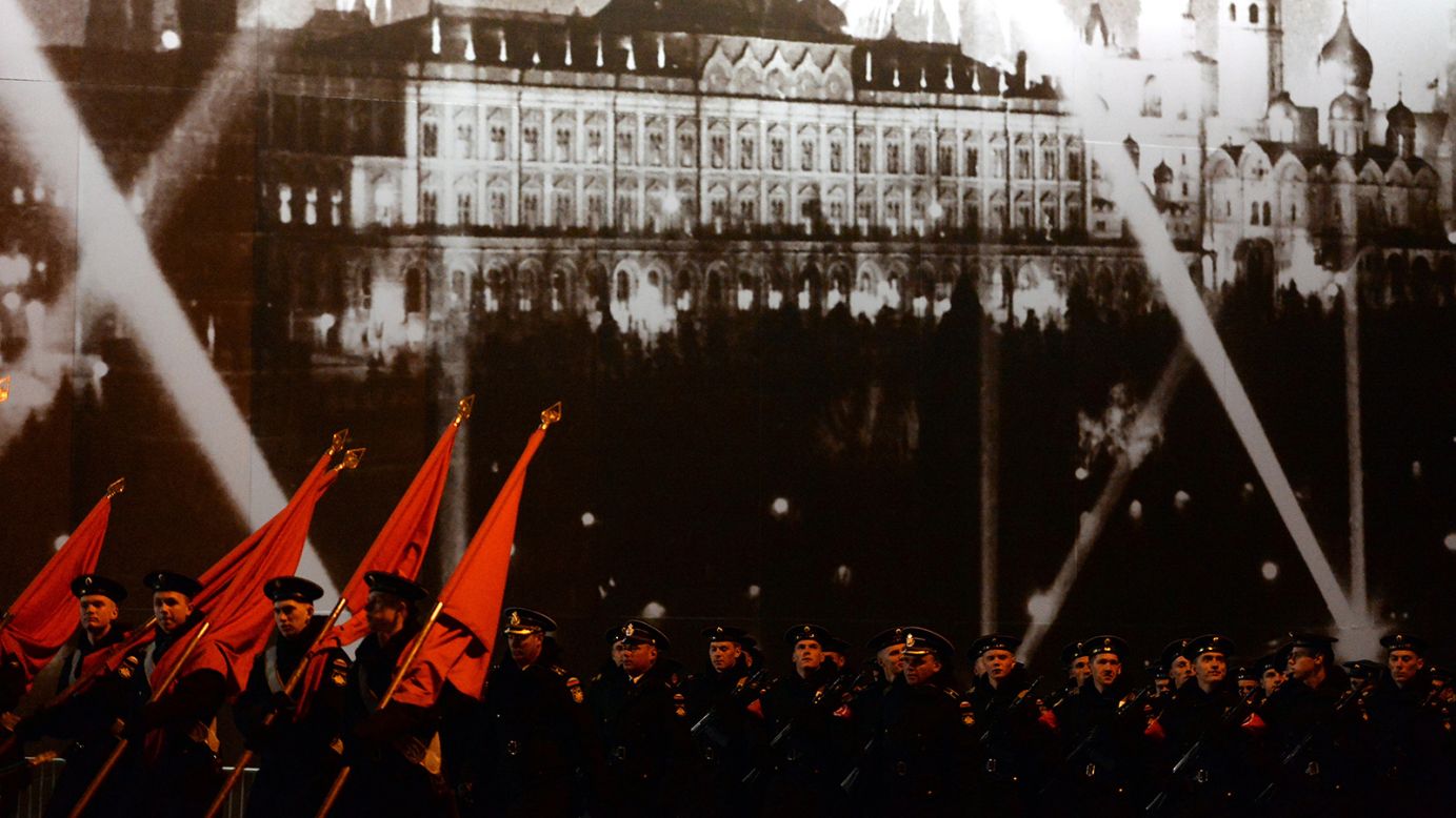 Russian soldiers attend the Victory Day military parade night training on Monday on Red Square in Moscow. 