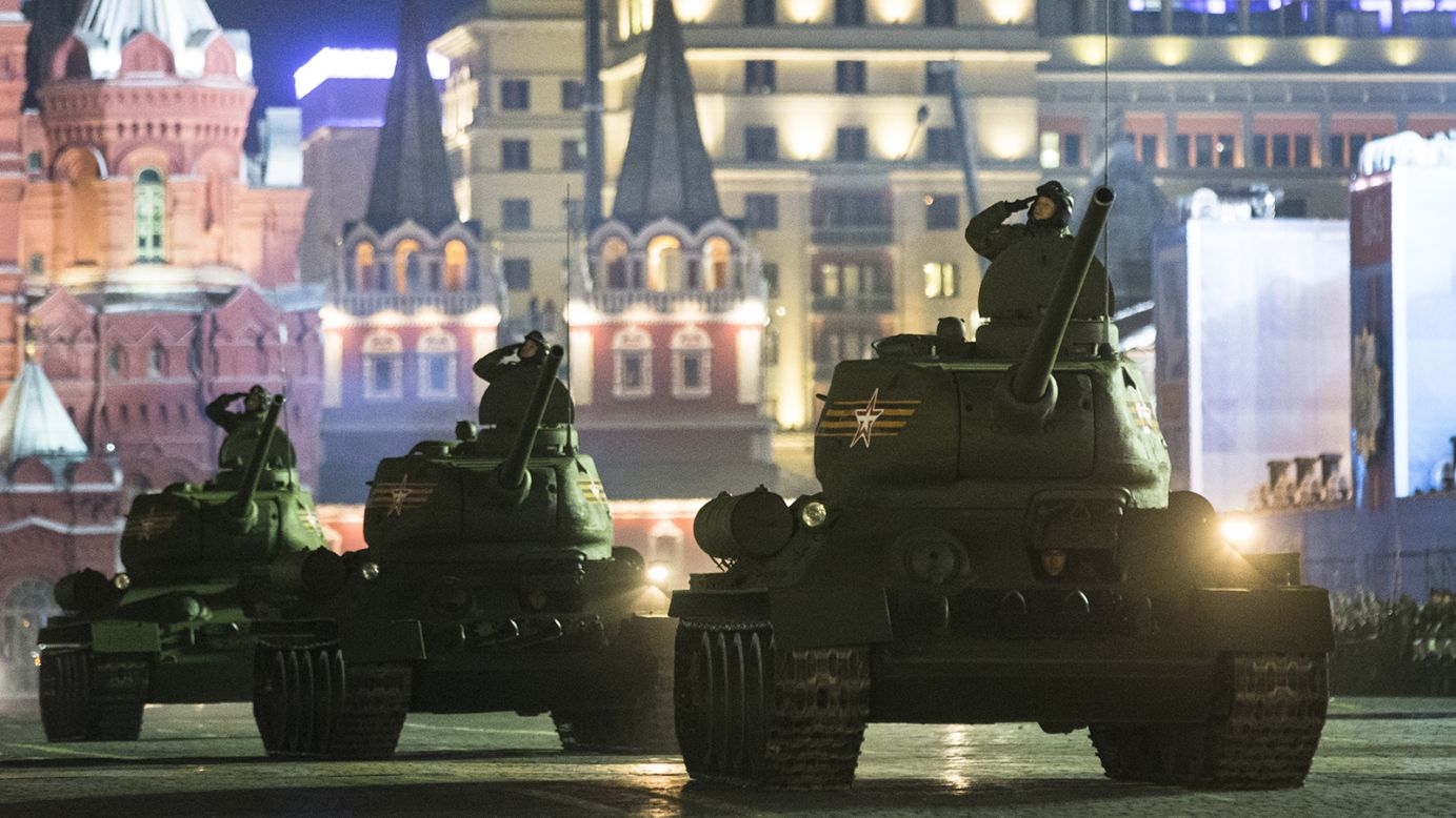 World War II-era Soviet tanks T-34 make their way through the Red Square during a rehearsal for the Victory Day military parade.