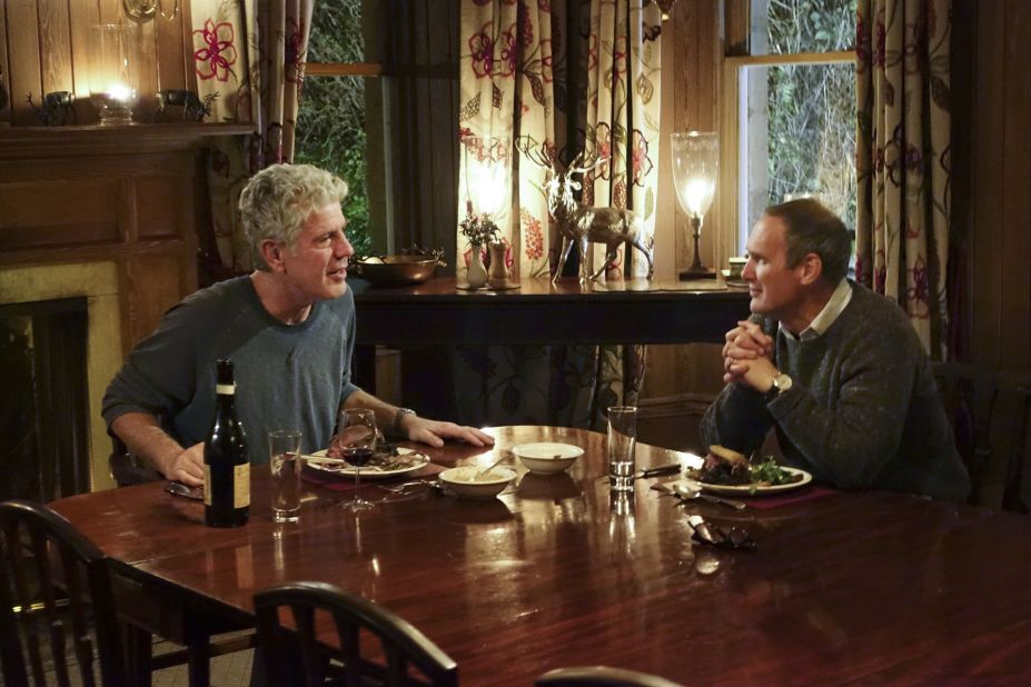 Food critic A.A. Gill and Anthony Bourdain enjoy roast grouse (a funky game bird) at Letterewe Estate in the Scottish Highlands.