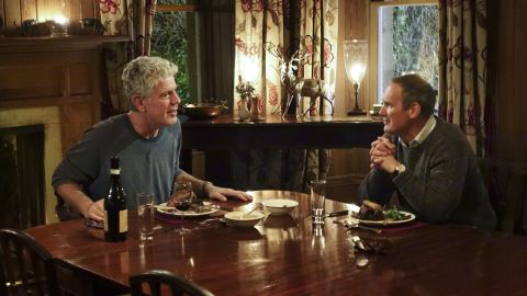 Outspoken Food Critic, AA Gill and I enjoy Classic Roast Grouse with bread sauce and watercress prepared by Chef Fiona Cullinane at Letterewe Estate in the Highlands.