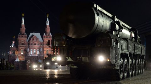 Russia's RS-24 Yars nuclear intercontinental ballistic missile launcher rides through Red Square in Moscow during the Victory Day military parade night training on May 4.