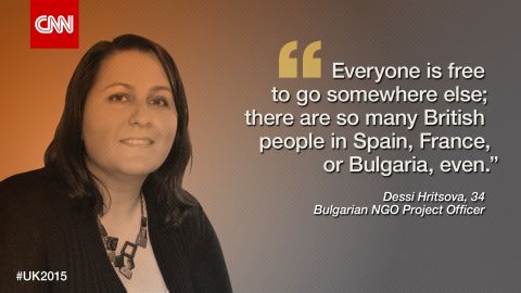 "I've never felt I'm discriminated because I'm Bulgarian," says <strong>Dessi Hristova</strong>, 34, who lives and works in London.<br /><br />"I can hear, from time to time, some comments; but I would never say they were really nasty comments. I think it's mostly fear," she says, commenting on the surge of interest in Eastern European migrants to the UK after employment restrictions were lifted last year.<br /><br />Hristova was born in Gabrovo, a city in the north of Bulgaria. After completing a degree in Politics and European Studies, she spent a year studying at Oxford University as part of an exchange program, where she also met her future husband. She eventually made the move to London in 2011.<br /><br />Spending many years working with the charity sector in Bulgaria, Hristova started out as a volunteer working for an NGO that fights global corruption.<br /><br />Aside from fighting injustice, Hristova has also volunteered for the Royal London Society for Blind People (RLSB), motivated by her own father's blindness.<br /><br />"I'm a sighted guide, so what you do is that you're helping people during social weekends, and you're guiding them, on the tube, or helping at events and outings, music events ... We've taken them to St Paul's, Big Ben ..."<br /><br />Despite integrating and settling in the UK relatively quickly, there are still moments where she feels like an outsider.<br /><br />"When I speak, people always ask where my accent's from, and I'm like, is that the most important thing? Especially in a place like London ... If I say I'm British, does it make a difference to you, or not?"<br /><br />But she refuses to take any political rhetoric against Eastern Europeans and her nation to heart as "if you take it personally, that means that they win, in a way. And also, I don't obsess myself with the comments they say."<br /><br />Blogging and writing about Bulgarians to try and change some of the prejudice, Hristova believes immigrants should not bear the brunt of the real cause of an economic downfall.<br /><br />"When there's a crisis and the economy isn't working, we fear every single thing that is going to take your job away or make your life harder and you look for someone to blame. Everyone is free to go somewhere else; there are so many British people in Spain, France, or Bulgaria, even."<br /><br />"I recommend to anyone to go and live abroad for a bit, [for] two months, six months, just to do something that will scare you. Otherwise you'll never be able to open your eyes and just see how we're all the same. Wherever you go, people are the same."<br /><br />So, where does Hristova feel she belongs?<br /><br />"I went to a literary festival ... and there was this author, she's Turkish; Elif Shafak. And she said you always have one foot in one place and another foot in another place and you're looking over, and there's like an abyss in between."