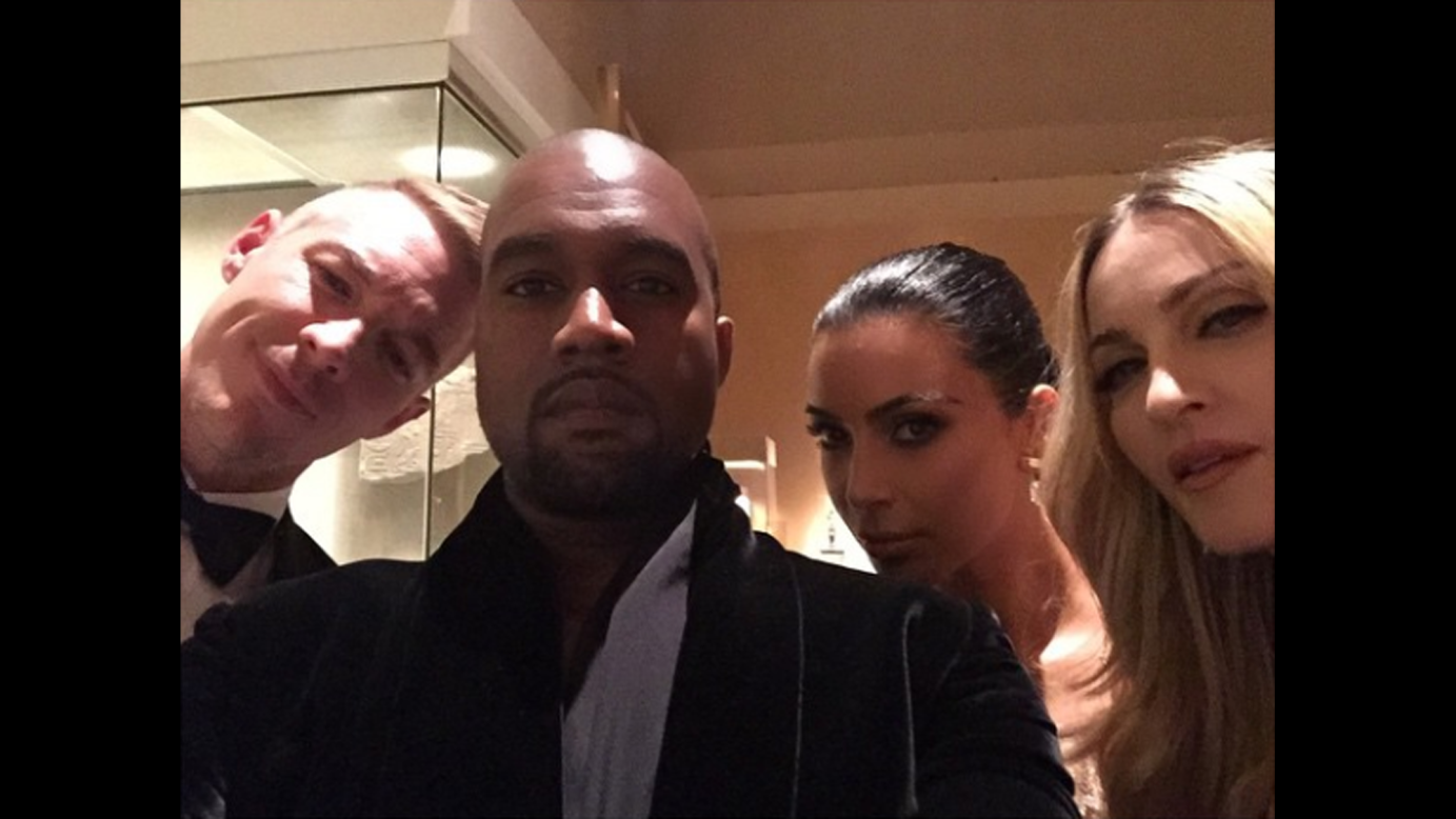 TV personality <a href="https://instagram.com/p/2SZIKUuSyf/" target="_blank" target="_blank">Kim Kardashian West poses</a> with, from left, DJ Diplo, her husband, Kanye West, and singer Madonna at <a href="http://www.cnn.com/2015/05/04/living/gallery/met-gala-red-carpet-2015/index.html">the Met Gala</a> on Tuesday, May 5. 