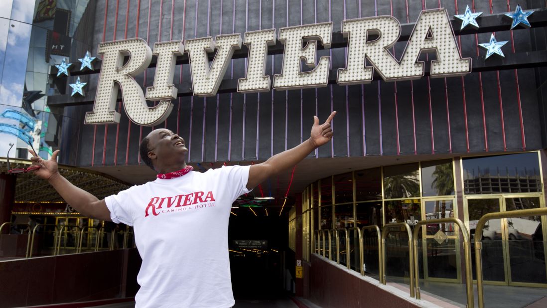 Entertainer Larry Edwards poses for a photo in front of the Riviera on May 4. The casino-hotel was one of the few remaining vestiges of Vegas' Rat Pack era and hosted all the big names in its heyday.
