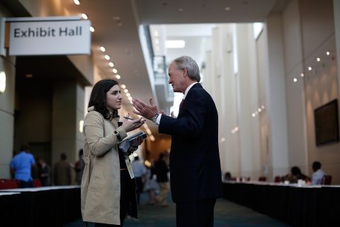 Chafee answers questions from a reporter after speaking at the South Carolina Democratic Party state convention on April 25.