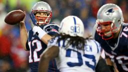 FOXBORO, MA - JANUARY 18:  Tom Brady #12 of the New England Patriots in action against the Indianapolis Colts of the 2015 AFC Championship Game at Gillette Stadium on January 18, 2015 in Foxboro, Massachusetts.  (Photo by Jim Rogash/Getty Images)