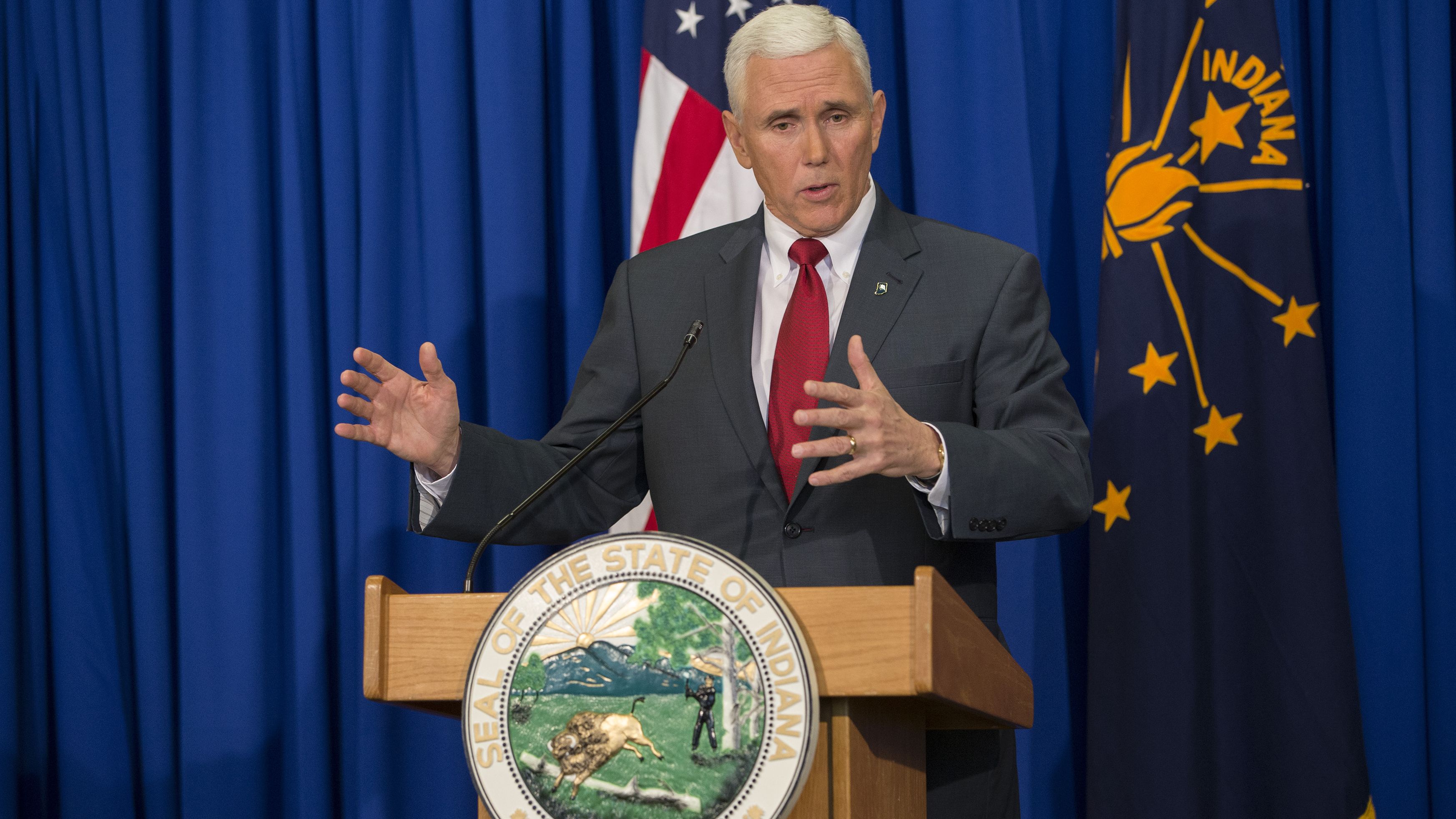 Gov. Pence speaks at a press conference on March 31, 2015 at the Indiana State Library in Indianapolis.