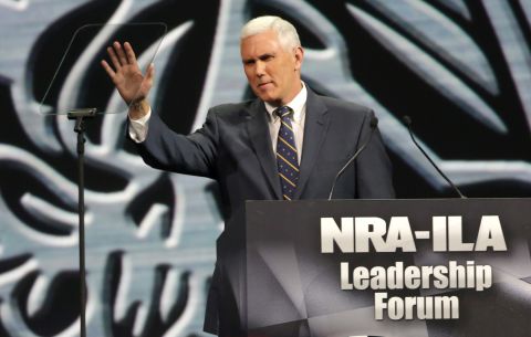 Pence speaks during the National Rifle Association's annual meeting Leadership Forum on April 25, 2014, in Indianapolis.