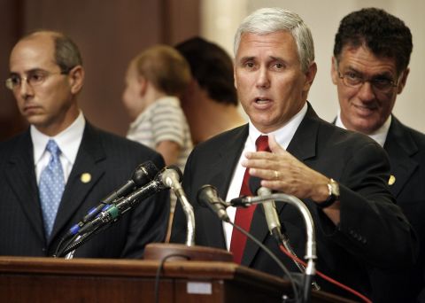 Rep. Charles Boustany of Louisiana, from left, Pence, and then-Rep. Dave Weldon of Florida hold a press conference urging President George W. Bush to veto a stem cell research bill on Capitol Hill on July 18, 2006. 