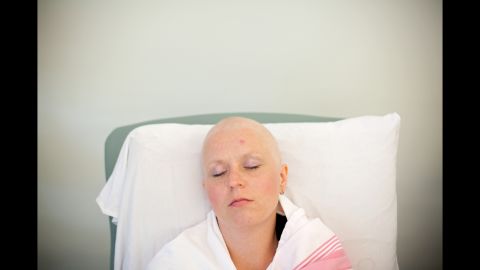 A blanket keeps Cheryl warm as she undergoes her third chemotherapy treatment in early August.