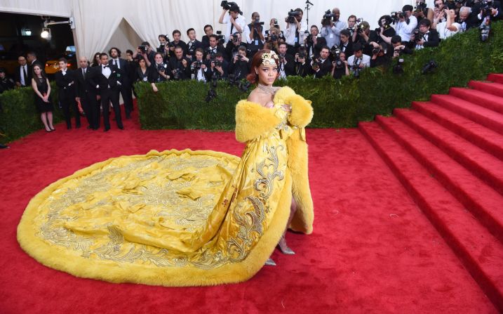 Rihanna wore this bright yellow creation to the 2015 <a href="index.php?page=&url=http%3A%2F%2Fedition.cnn.com%2F2016%2F05%2F02%2Ffashion%2Fmet-gala-2016%2F">Met Gala</a>. Guo Pei and her team spent around 8,000 hours working on the garment.