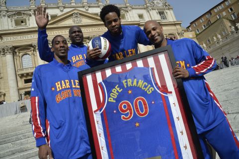 MAY 6 -- ROME, ITALY: Members of the Harlem Globe Trotters basketball team pose before the arrival of Pope Francis for his weekly general audience at St Peter's square