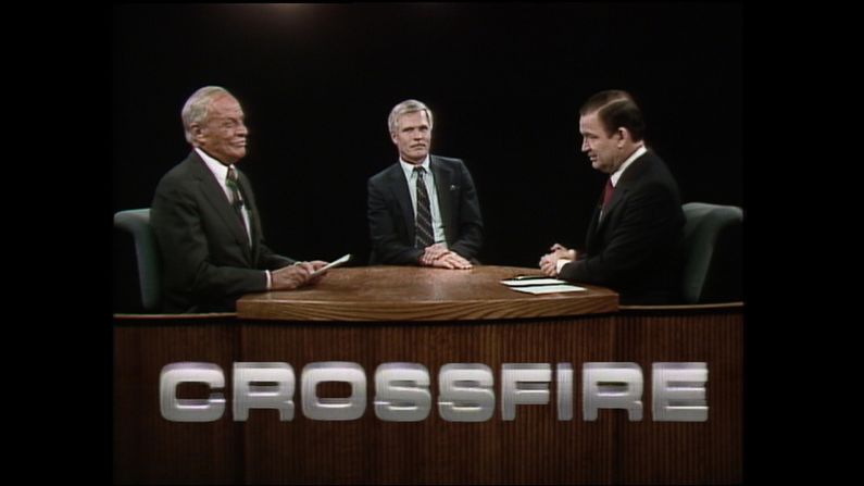 In June of 1988, CNN founder Ted Turner, center, appeared on "Crossfire" and was interviewed by Braden and Pat Buchanan. Three years later, Time magazine named Turner its "<a href="index.php?page=&url=http%3A%2F%2Fcontent.time.com%2Ftime%2Fcovers%2F0%2C16641%2C19920106%2C00.html" target="_blank" target="_blank">Man of the Year.</a>" 