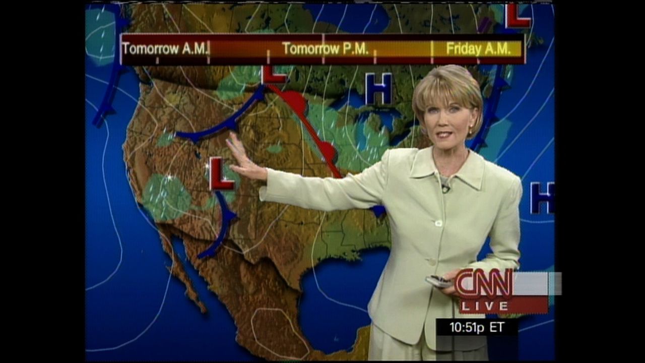 Karen Maginnis provides an update on the weather in this 1999 newscast.