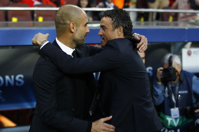 Bayern Munich's Spanish head coach Pep Guardiola (L) and Barcelona's coach Luis Enrique greet each other before the UEFA Champions League football match FC Barcelona vs FC Bayern Muenchen at the Camp Nou stadium in Barcelona on May 6, 2015.