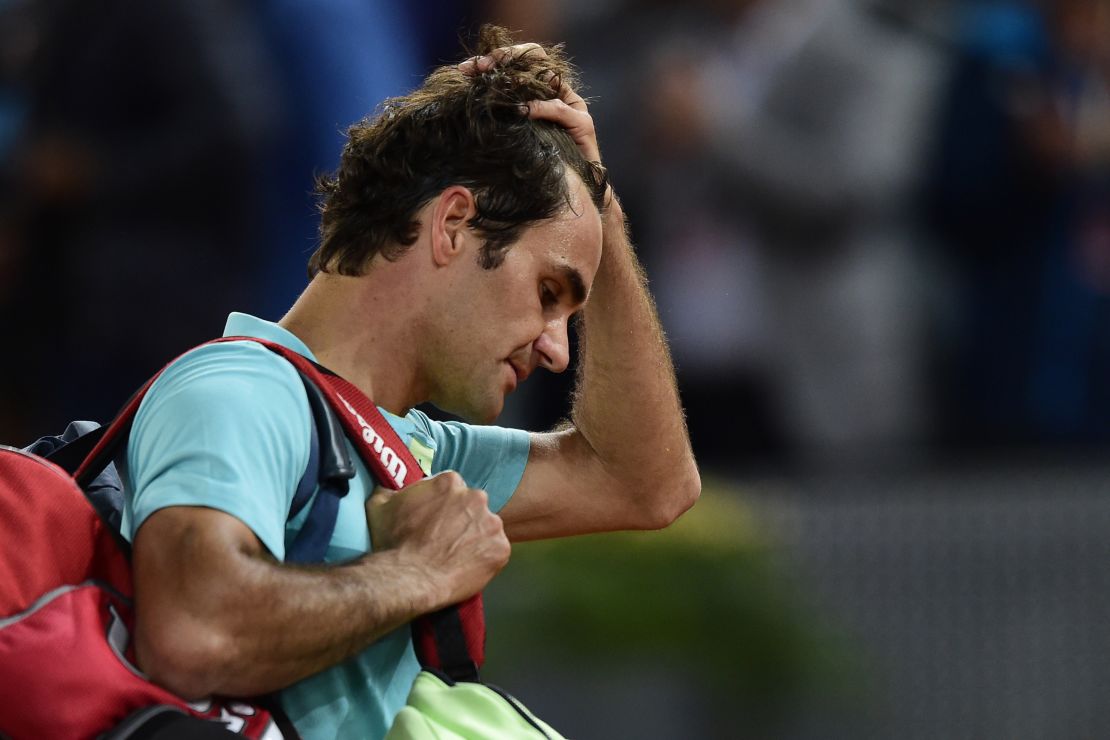 Swiss tennis player Roger Federer reacts after loosing against Australian tennis player Nick Kyrgios during the Madrid Open.