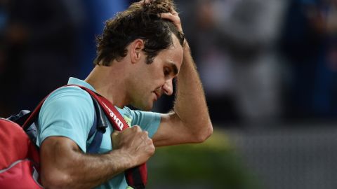 Swiss tennis player Roger Federer reacts after loosing against Australian tennis player Nick Kyrgios during the Madrid Open.