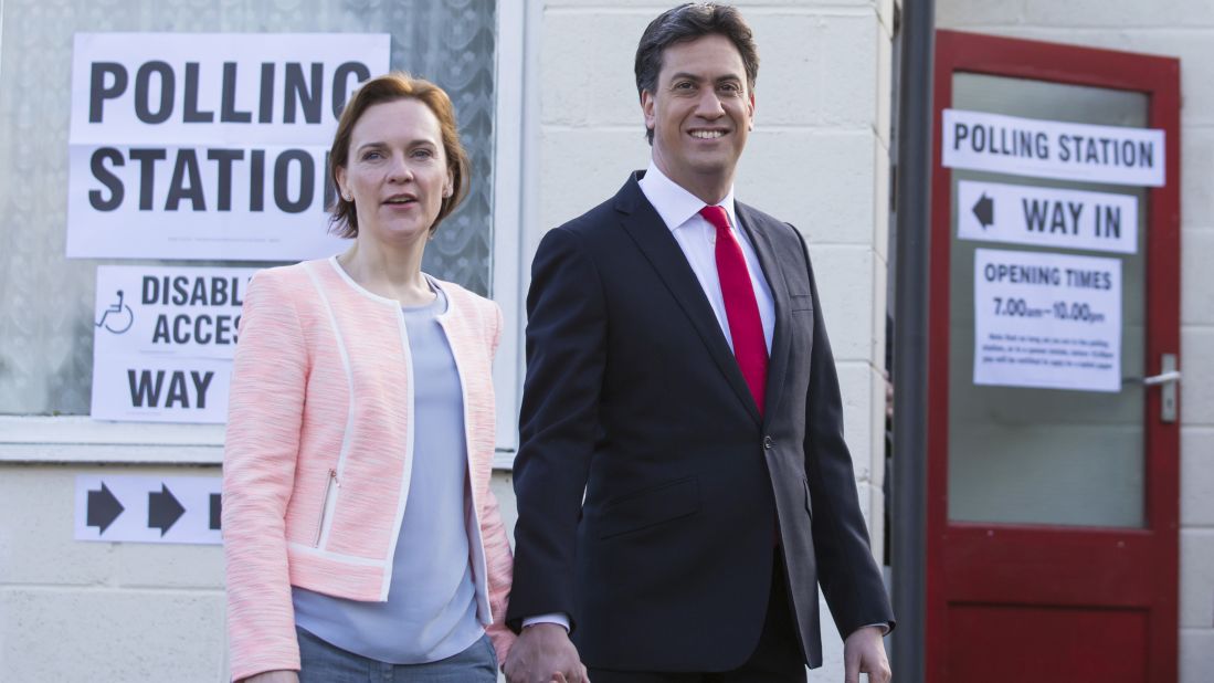 Labour Party leader Ed Miliband and his wife, Justine, leave a polling station in Doncaster, South Yorkshire, England.