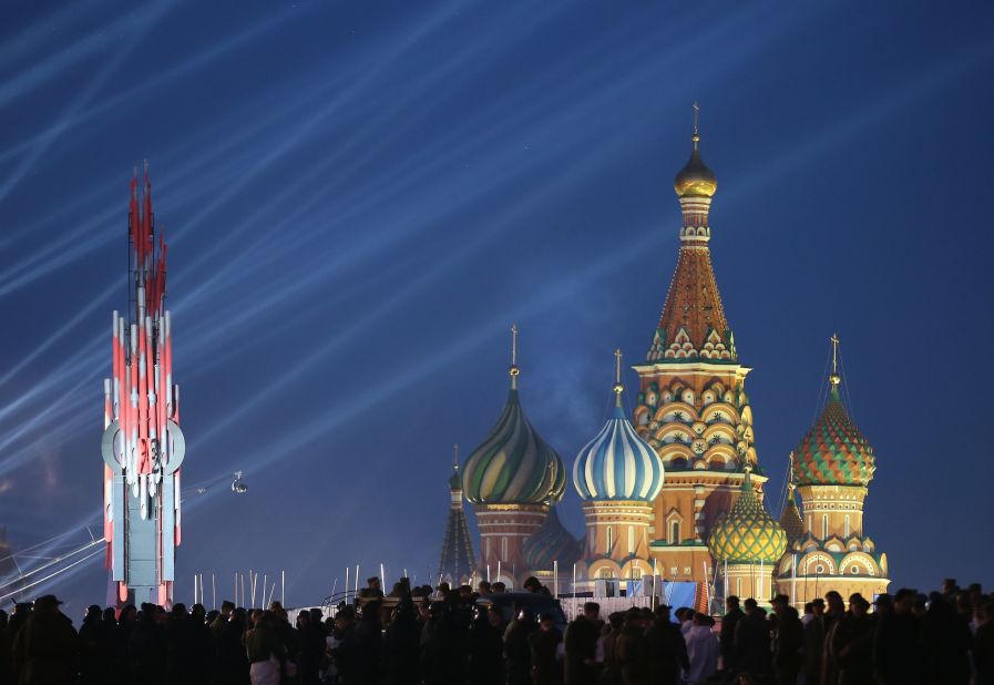 MAY 7 -- MOSCOW, RUSSIA: Red Square and Saint Basil's Cathedral stand illuminated during rehearsals ahead of celebrations to mark the 70th anniversary of the victory over Nazi Germany. Moscow will host a military parade among other events on May 9 to mark the occasion. 