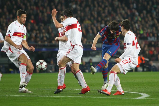 Messi's 25-yard strike against Stuttgart in 2010 was a thing of beauty -- taking the ball in his stride and unleashing a left-footed effort which rocketed into the net. Four defenders attempted to close him down -- nobody got close. Barca won the game 4-0.