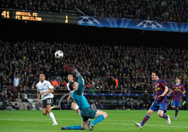 Messi was the star of the show against Arsenal in the 2010 quarterfinal. The forward scored all four goals in a 4-1 second leg victory, including this audacious chip which left fans drooling. Arsenal had taken the lead before Messi ripped the visiting side to pieces.