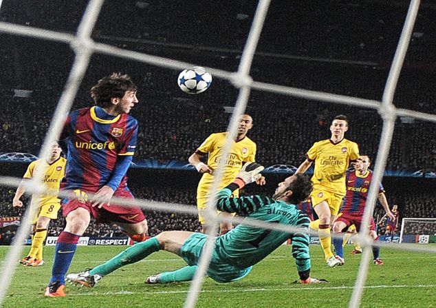 Arsenal must have been sick of the sight of Messi after the two teams met again in 2011. Messi scored twice in a 3-1 win, including a wonderfully worked first half strike which came after he chipped the ball over Manuel Almunia, the Arsenal goalkeeper, and volleyed home from close range.
