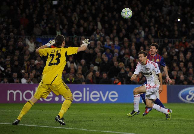 Messi scored five times in the 7-1 win over German's Bayer Leverkusen but it was this strike, a wonderful chipped effort, which stole the headlines. Messi, in behind the defense, instantly took control of a long ball before taking a touch and lifting the ball over the goalkeeper. Leverkusen's defenders could only watch and admire.