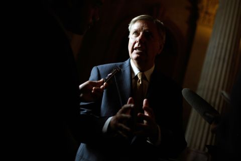 Graham talks with reporters before heading into the Senate Republican Caucus policy luncheon at the U.S. Capitol May 8, 2012.