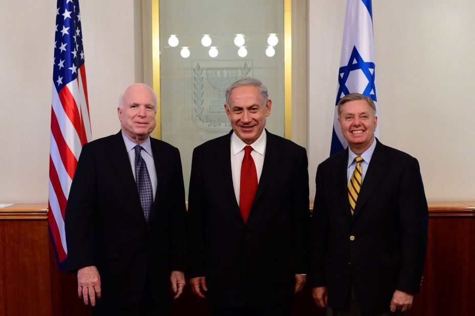 Israeli Prime Minister Benjamin Netanyahu, center, meets with U.S. Sen. John McCain, R-Arizona, and Graham on June 30, 2013, in Jerusalem.