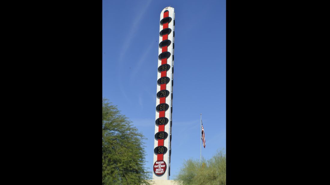 So hot right now. The "World's Tallest Thermometer" was built near Death Valley in 1991 by local businessman Willis Herron and restored to its former glory by his wife in 2014. Its height, 134 meters, represents the highest temperature ever recorded in Death Valley -- 134 Fahrenheit.