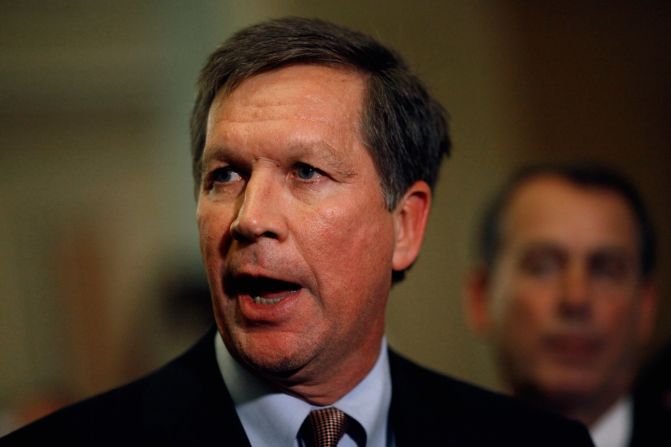 Before officially taking office as governor of Ohio, Kasich talks with reporters after meeting with House and Senate Republican leaders at the U.S. Capitol on December 1, 2010. The GOP leaders talked about ways to create jobs, cut spending and repeal the health care law.