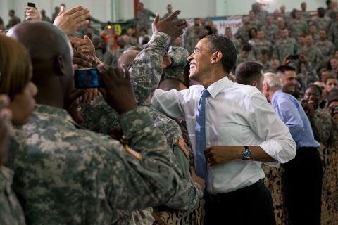 Greeting troops with Vice President Joe Biden at Fort Campbell in Kentucky on May 6, 2011.