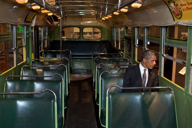 Sitting on the famed Rosa Parks bus at the Henry Ford Museum in Dearborn, Michigan, on April 18, 2012.