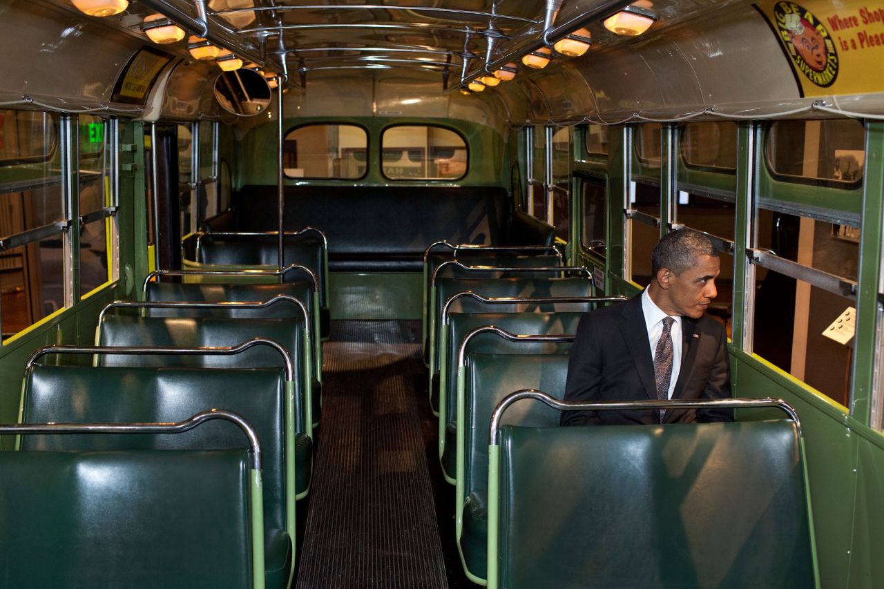 Sitting on the famed Rosa Parks bus at the Henry Ford Museum in Dearborn, Michigan, on April 18, 2012. 