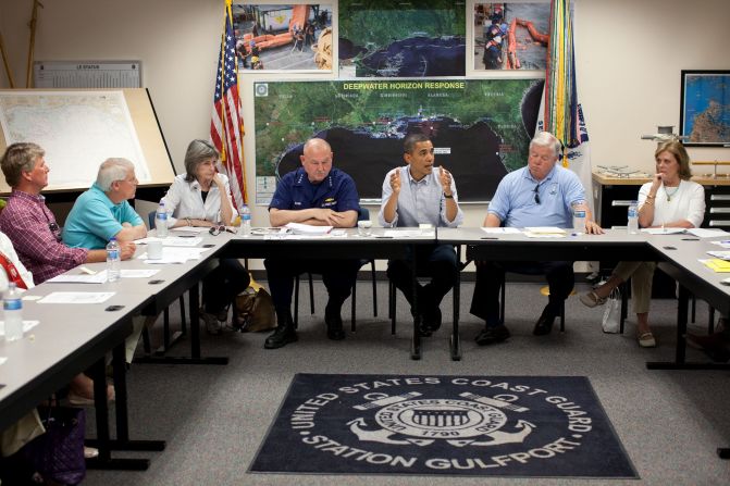 Meeting on the BP oil spill in the Gulf of Mexico at the Gulfport Coast Guard Station in Mississippi on June 14, 2010.