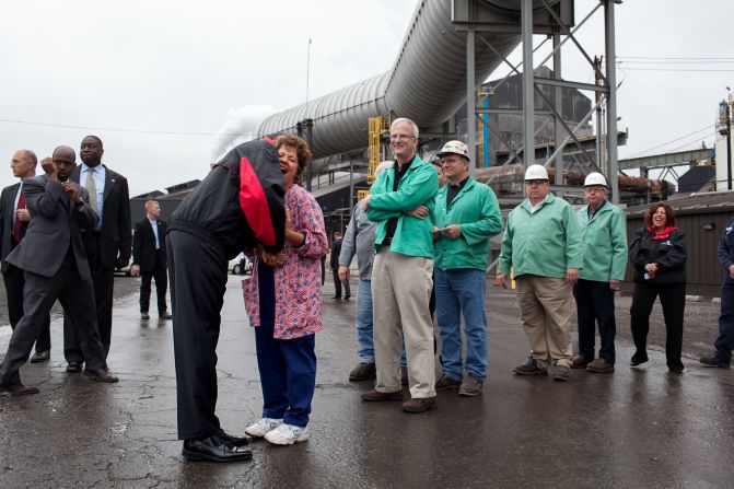 Greeting workers during a shift change at V&M Star, a manufacturer of steel products, in Youngstown, Ohio, on May 18, 2010. 