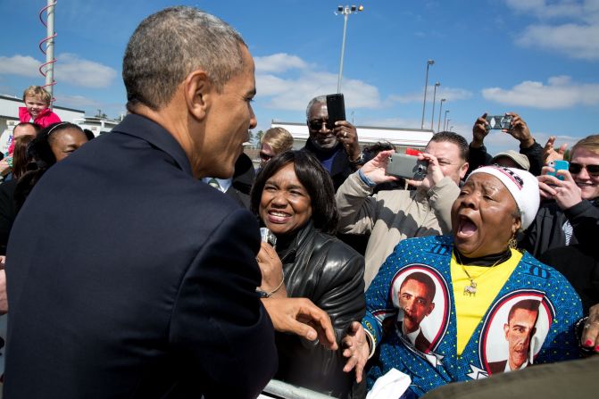 Reacting to an enthusiastic greeter at Columbia Metropolitan Airport in South Carolina on March 6, 2015.