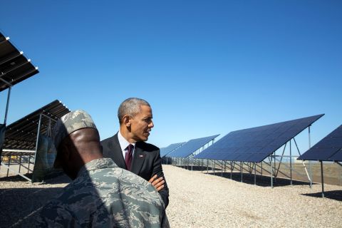 Viewing solar panels at Hill Air Force Base, north of Salt Lake City, in Utah on April 3, 2015. 