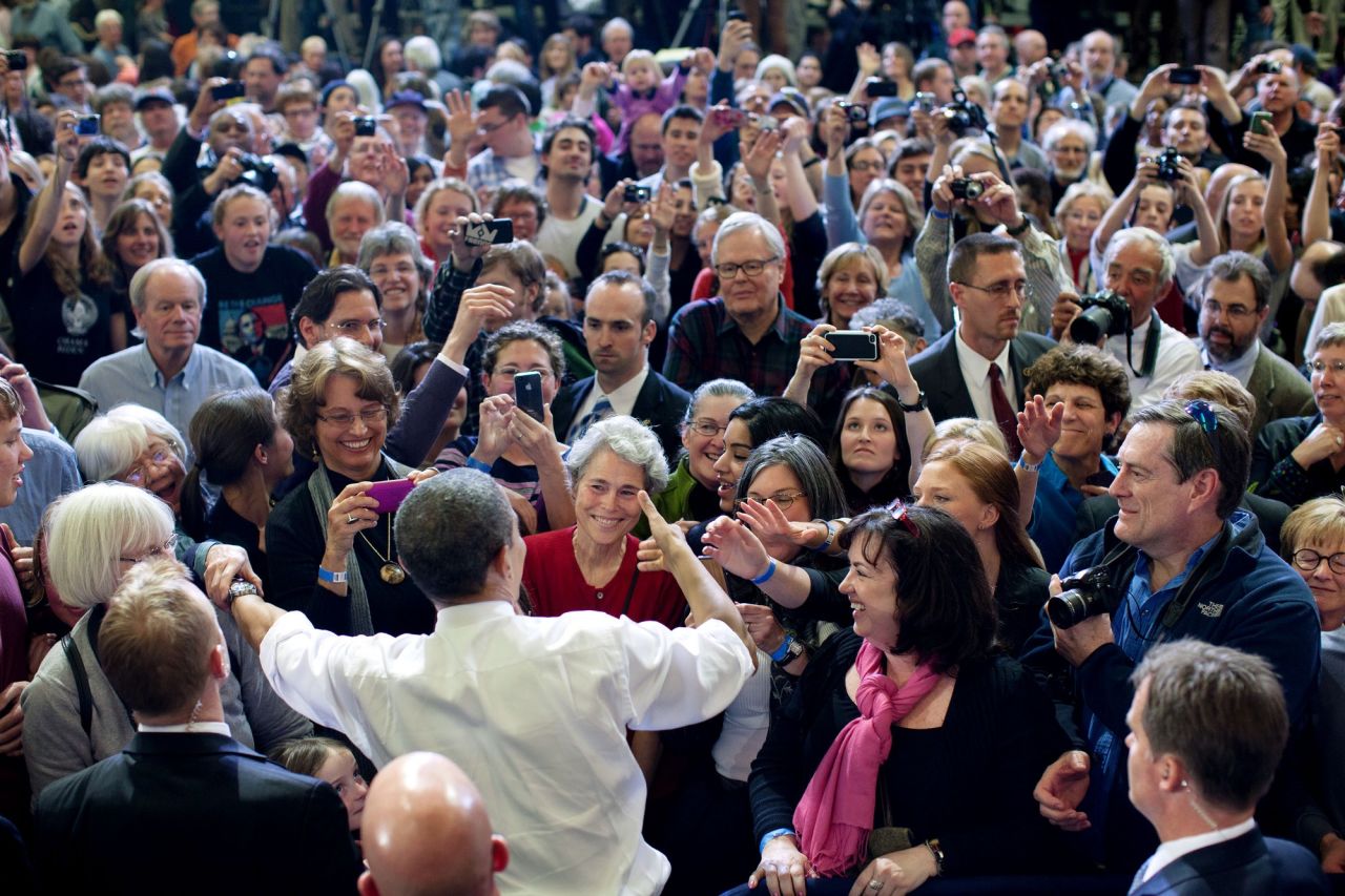 Greeting the crowd in Burlington, Vermont, on March 30, 2012. 