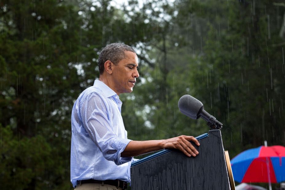 Speaking during a rainstorm in Glen Allen, Virginia, on July 14, 2012. Glen Allen is near Richmond.