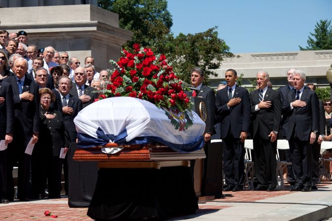 Celebrating the life of Sen. Robert C. Byrd with Vice President Joe Biden and former President Bill Clinton, at a memorial service in Charleston, West Virginia, on June 28, 2010.