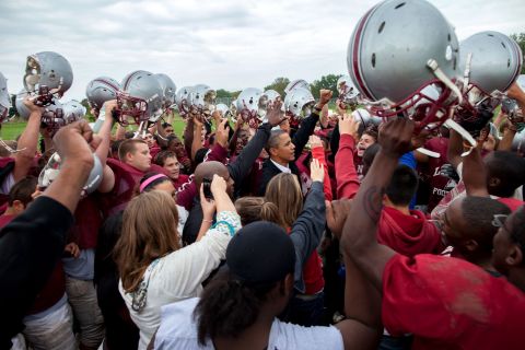 Cheering with the La Follette Lancers football team during their practice in Madison, Wisconsin, on September 28, 2010.