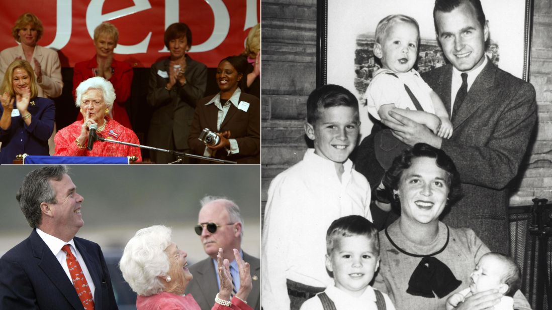 Barbara Bush has always been an advocate for her younger son, Jeb. But amid speculation that he might run for president, the former first lady said, "There are other people out there that are very qualified and we've had enough Bushes." But in February 2015 she changed her mind, calling into one of her son's fundraisers: "Just listening in. Anyway ... what do you mean too many Bushes? ... I've changed my mind."