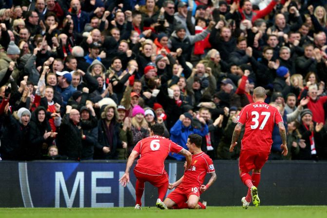 Coutinho celebrated in front of the Kop after his stunning striker. He has quickly become a fan favorite at Liverpool thanks to some dazzling displays.