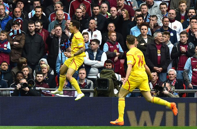 Coutinho celebrates his goal at Wembley. The Brazilian will be hoping his goals next year can fire Liverpool to some silverware.