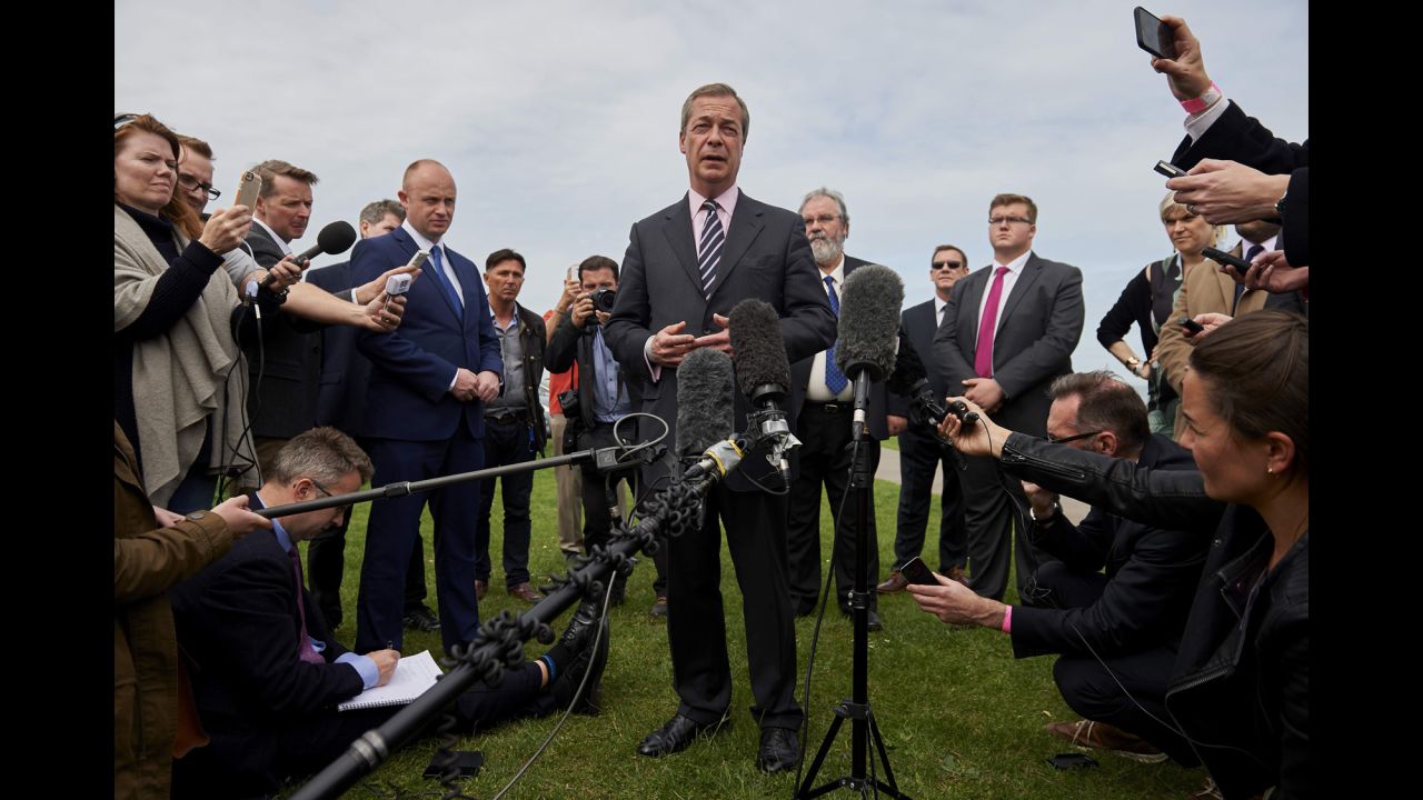 Nigel Farage, leader of the UK Independence Party, addresses the media in Margate, England, after he lost his parliamentary seat.