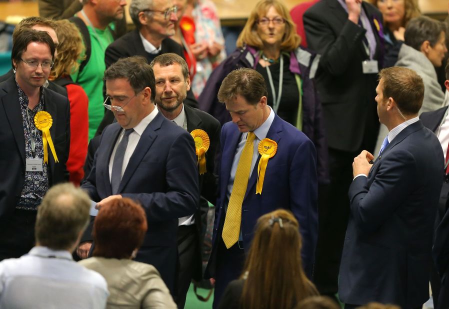 Liberal Democrat leader and Deputy Prime Minister Nick Clegg looks dejected as he attends his constituency declaration on May 8.