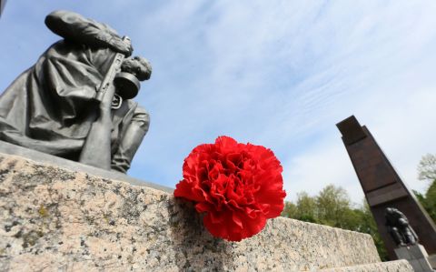 MAY 8 -- BERLIN, GERMANY: Flowers are laid down at the Soviet War Memorial at Treptower Park in Berlin to commemorate the end of the Second World War 70 years ago.